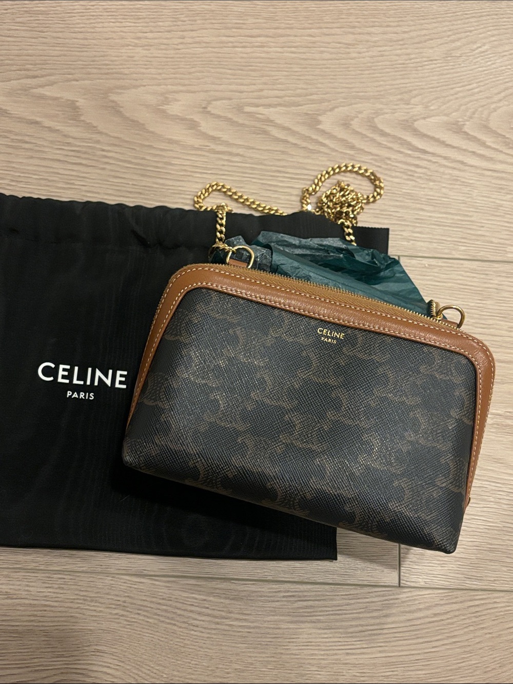 CELINE Pouch on Chain Brown and Tan Canvas Crossbody with Gold Chain